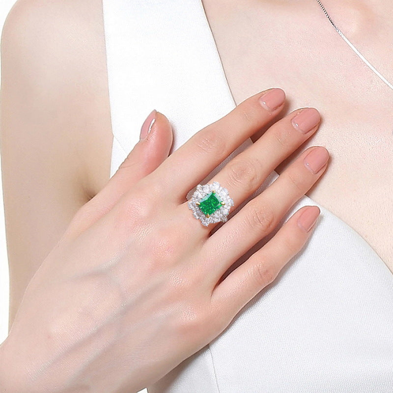 Vintage Cultivated Emerald Ring Female S925 Silver Ring Necklace Dual Purpose